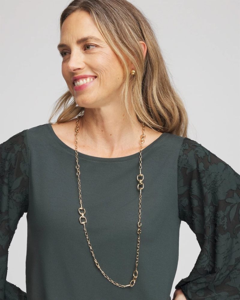Chicos Equestrian Horsebit Long Link Necklace - GOLD