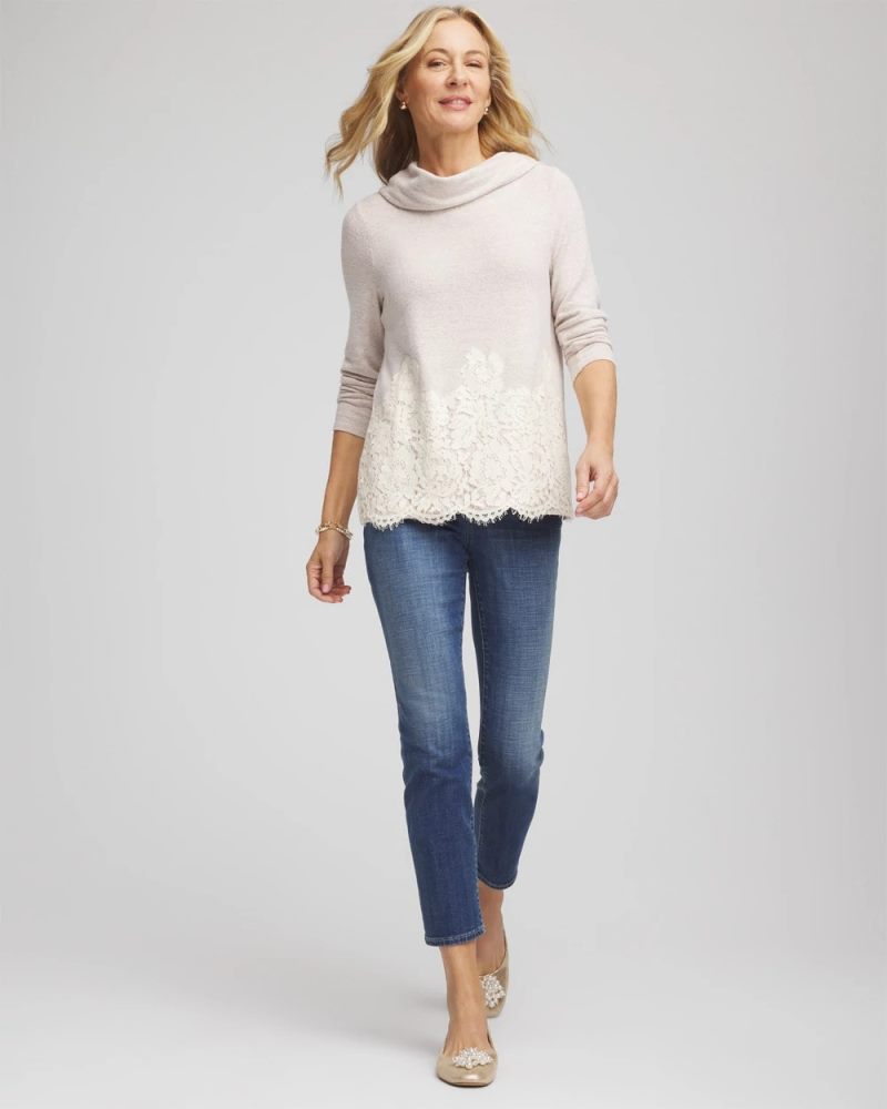 Chicos Lace Hem Cowlneck Top - CHAMPAGNE FIZZ