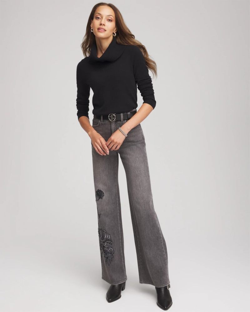 Chicos Cowlneck Cashmere Pullover Tunic - BLACK