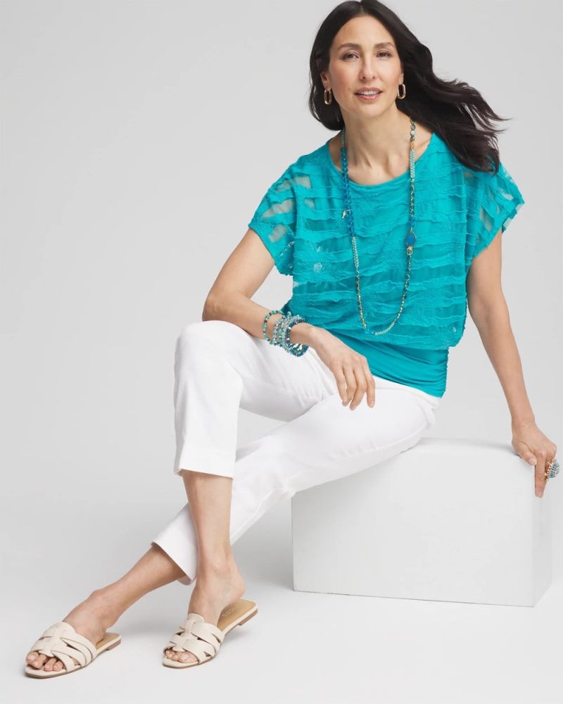 Chicos Embroidered Striped Banded Bottom Top - SEASPRAY