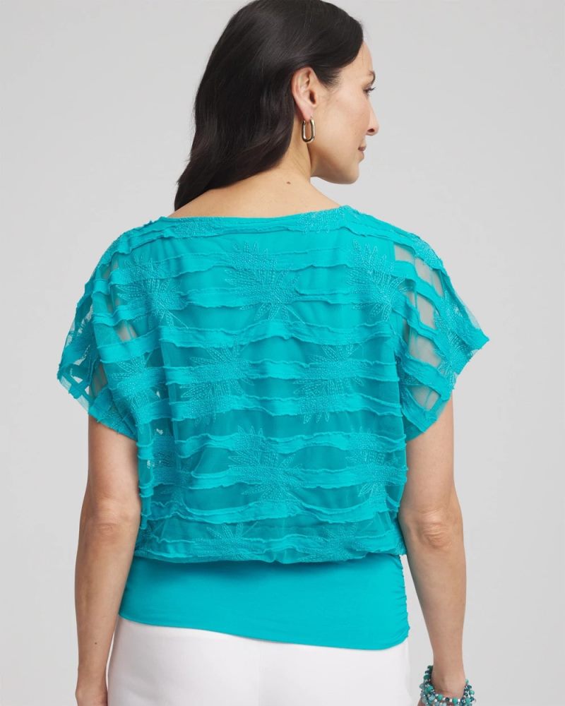 Chicos Embroidered Striped Banded Bottom Top - SEASPRAY