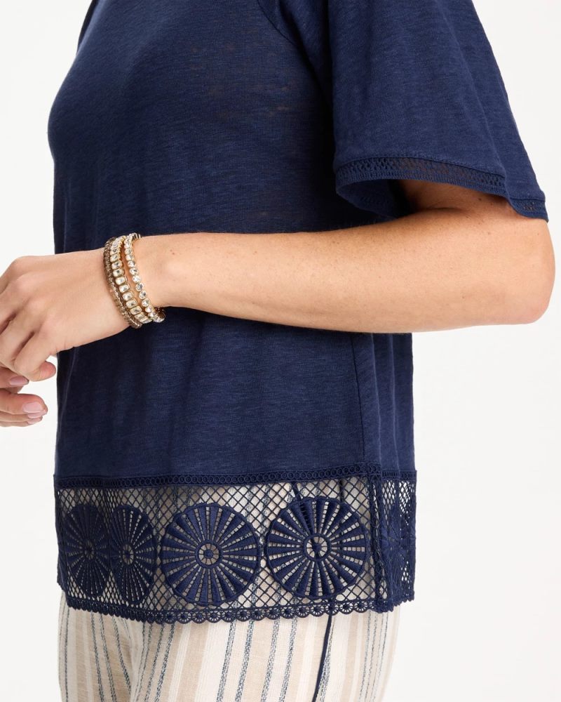 Chicos Linen Crochet Tee - PASSPORT BLUE