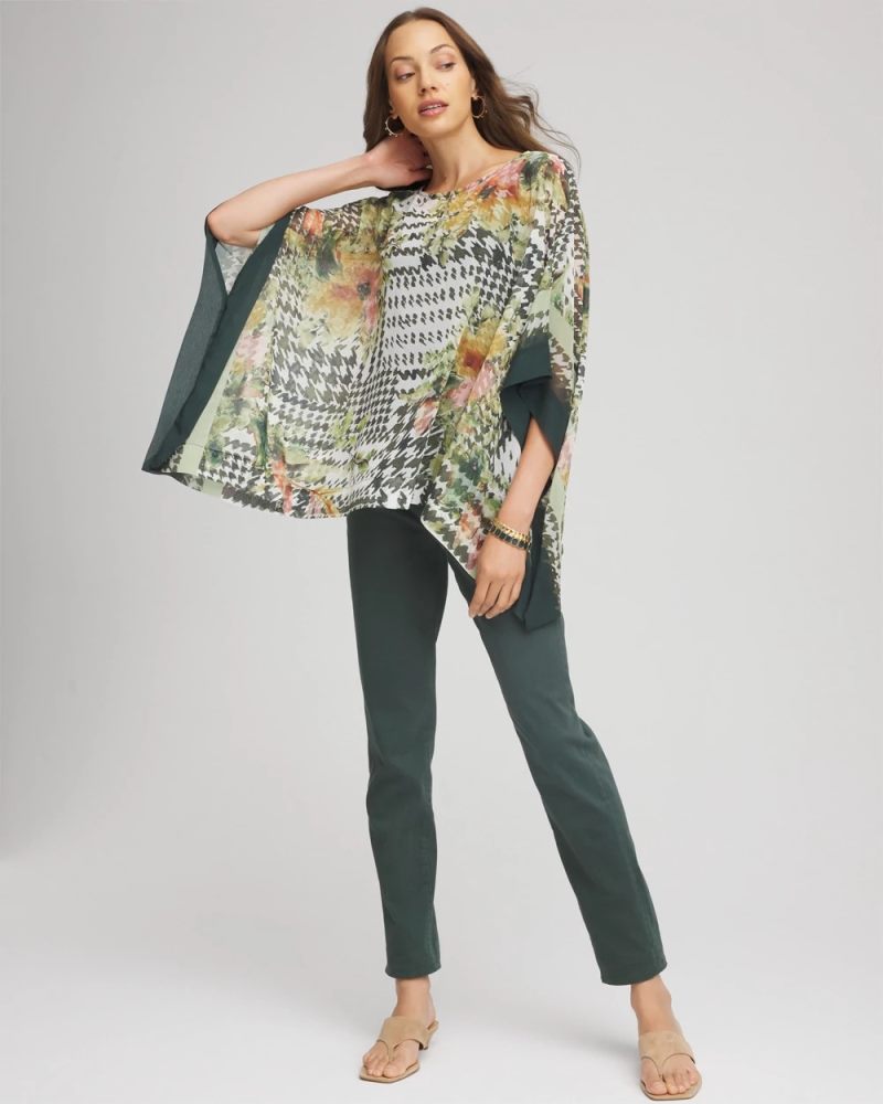 Chicos Printed Crinkle-Chiffon Pullover Poncho - NETTLE LEAF
