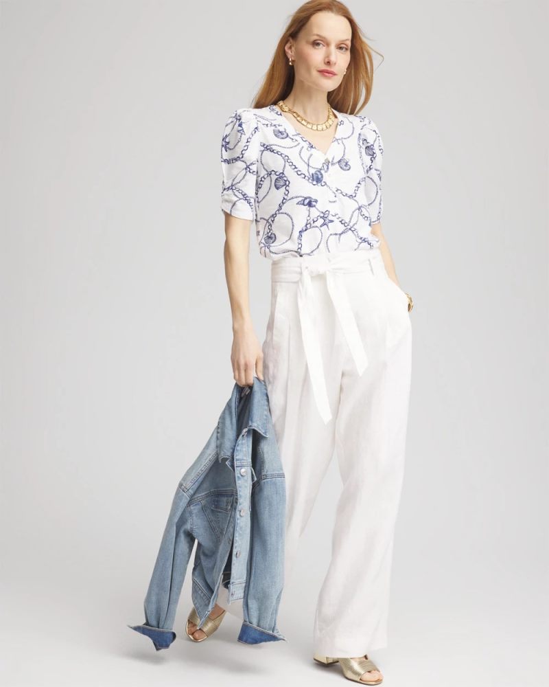 Chicos Seashell Slub Shirred-Sleeve Henley Tee - ALABASTER