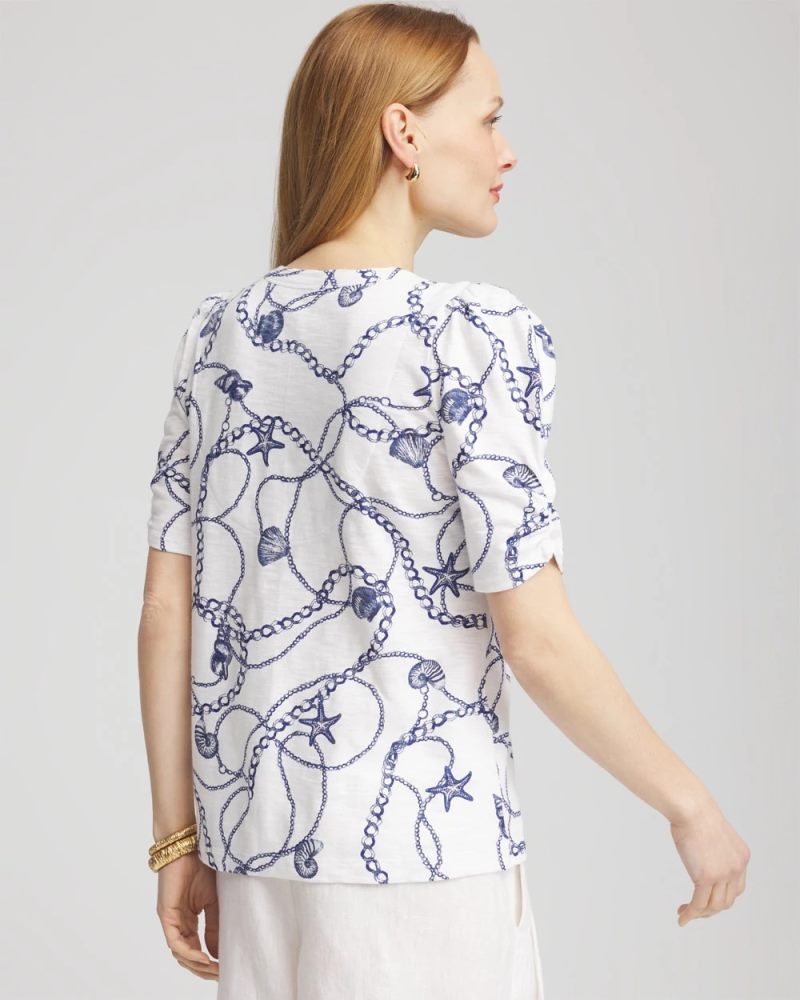 Chicos Seashell Slub Shirred-Sleeve Henley Tee - ALABASTER
