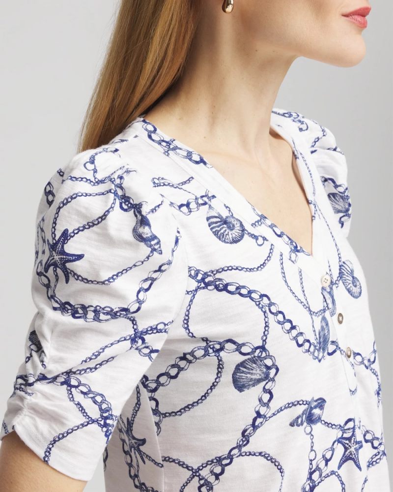 Chicos Seashell Slub Shirred-Sleeve Henley Tee - ALABASTER