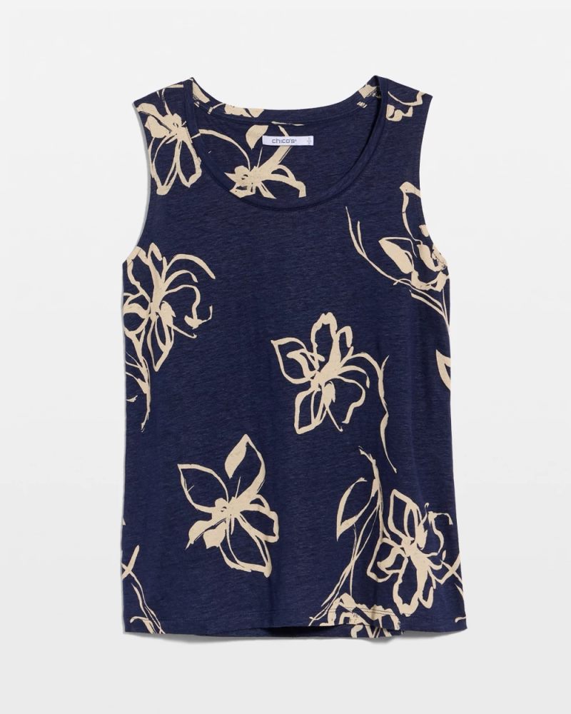 Chicos Floral Linen Tank - PASSPORT BLUE