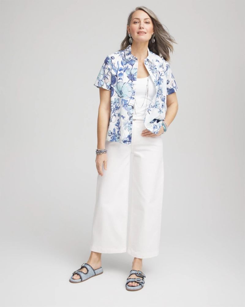 Chicos Butterfly Voile Short Sleeve Shirt - LUSH IRIS