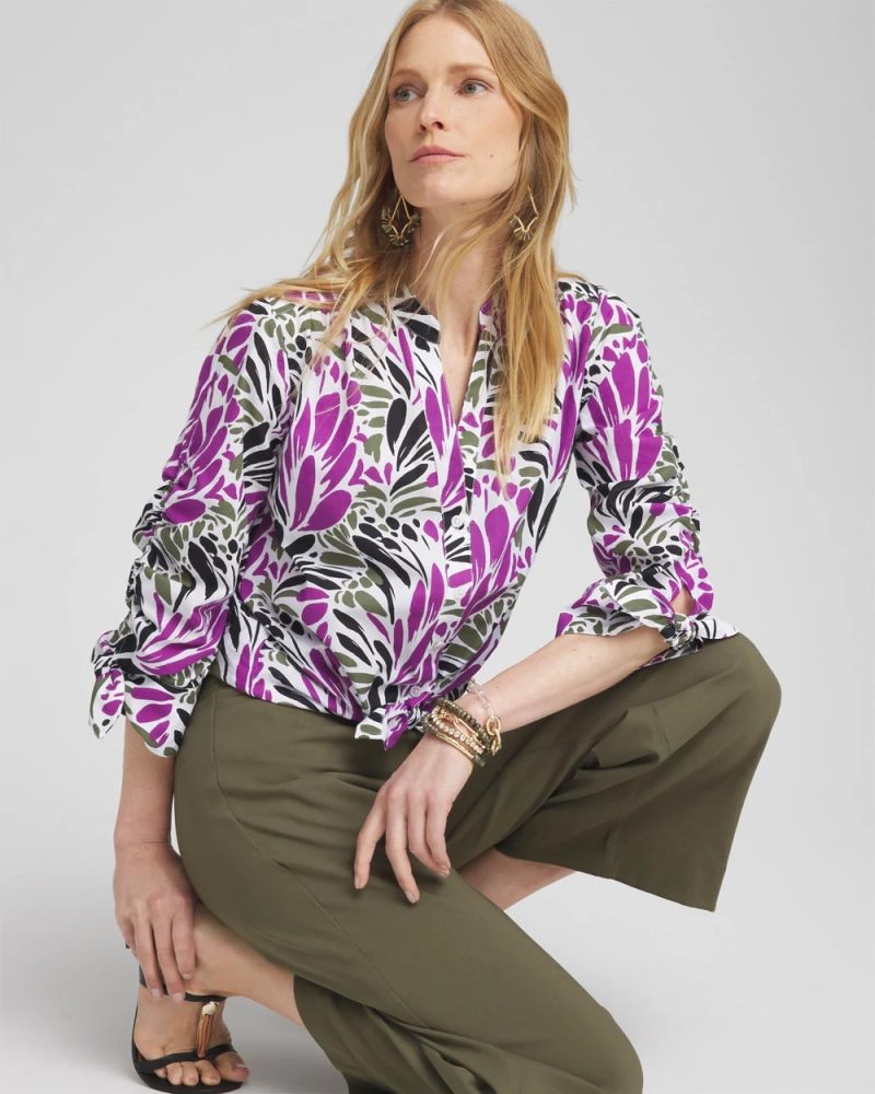 Chicos Ruched Sleeve Floral Blouse - AFRICAN VIOLET