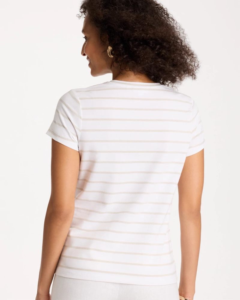 Chicos Cotton Stretch Striped Cap Sleeve Tee - ALABASTER
