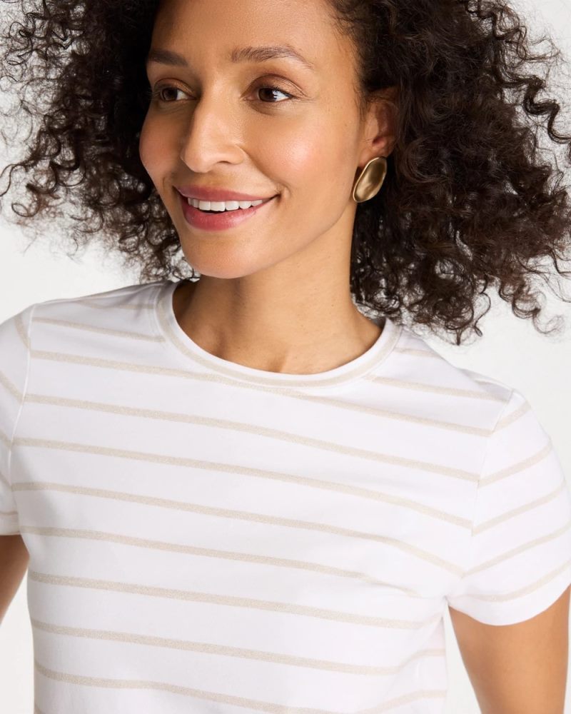 Chicos Cotton Stretch Striped Cap Sleeve Tee - ALABASTER