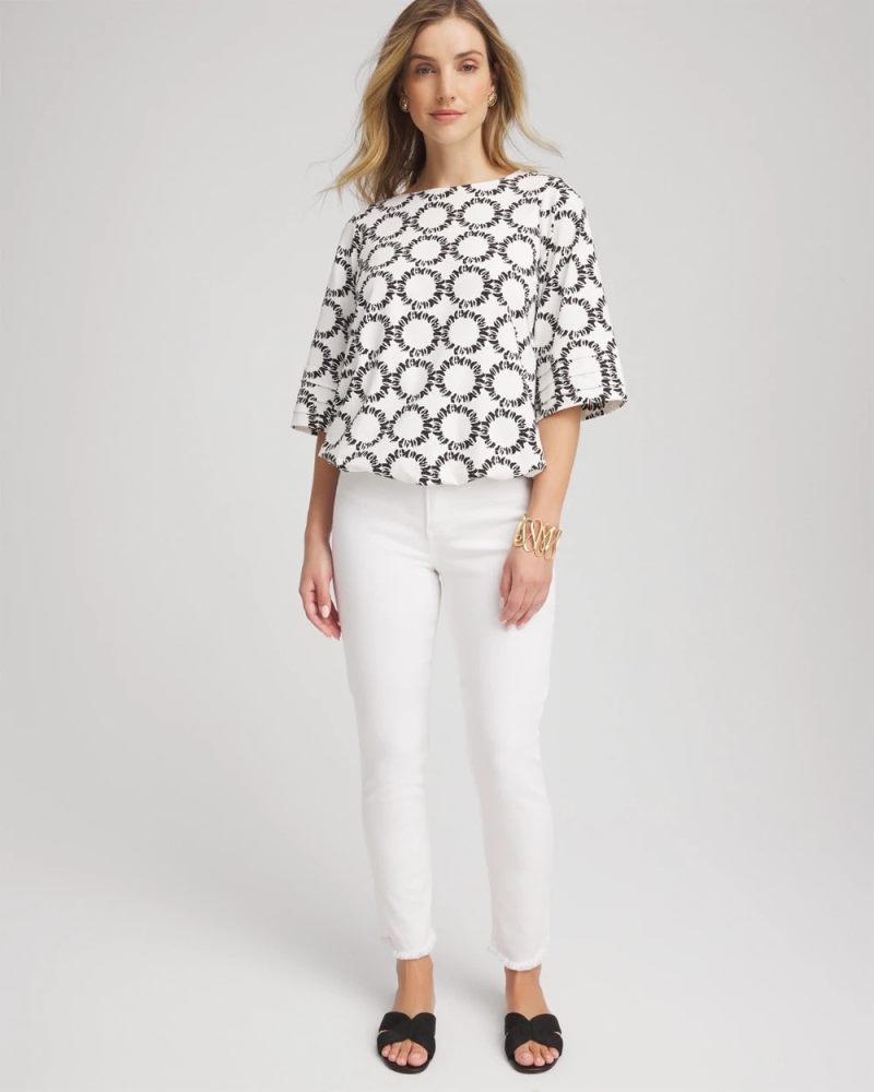Chicos Geo Print Boatneck Bubble-Hem Top - ECRU