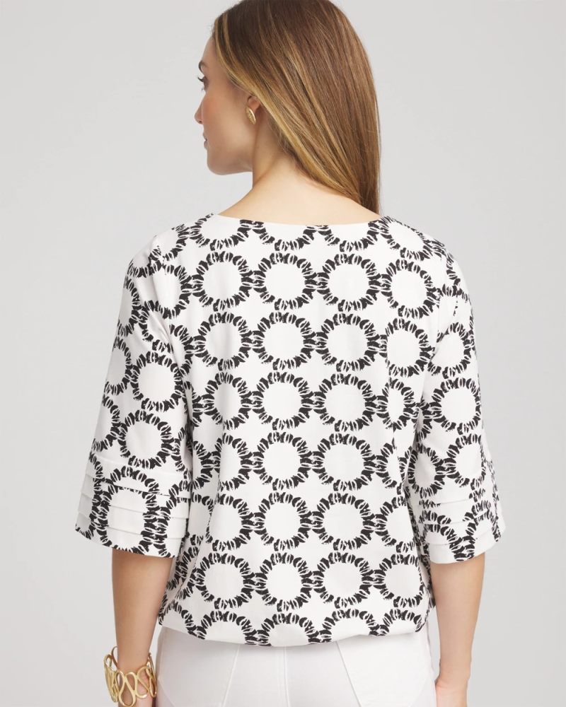Chicos Geo Print Boatneck Bubble-Hem Top - ECRU