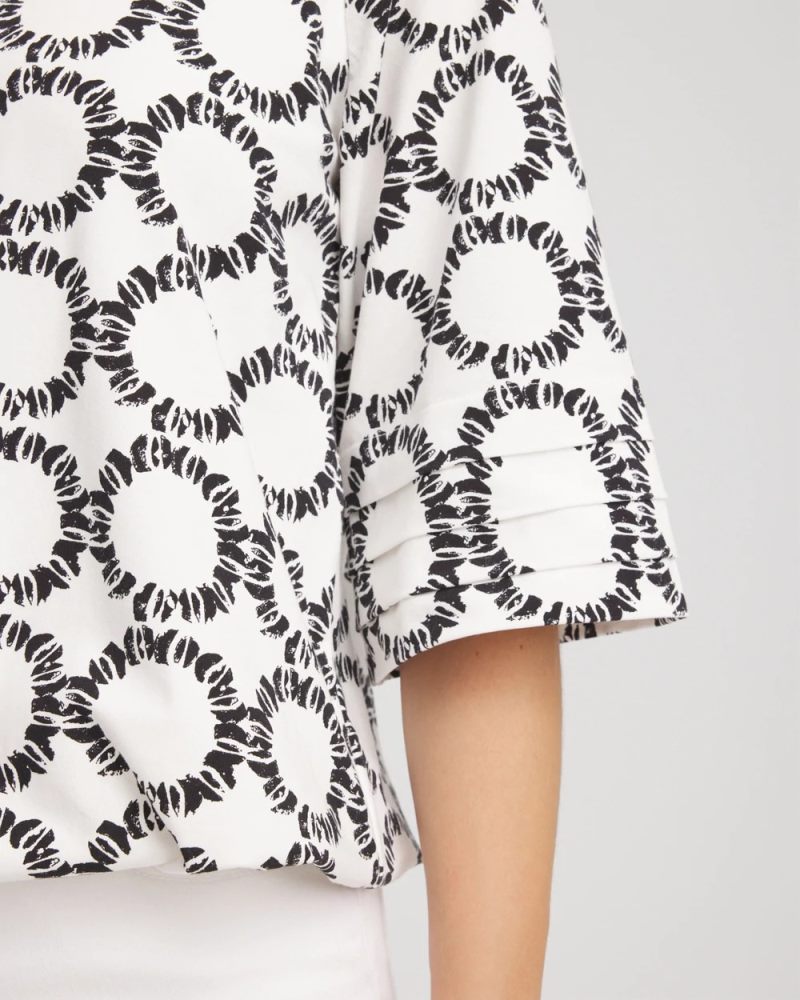 Chicos Geo Print Boatneck Bubble-Hem Top - ECRU
