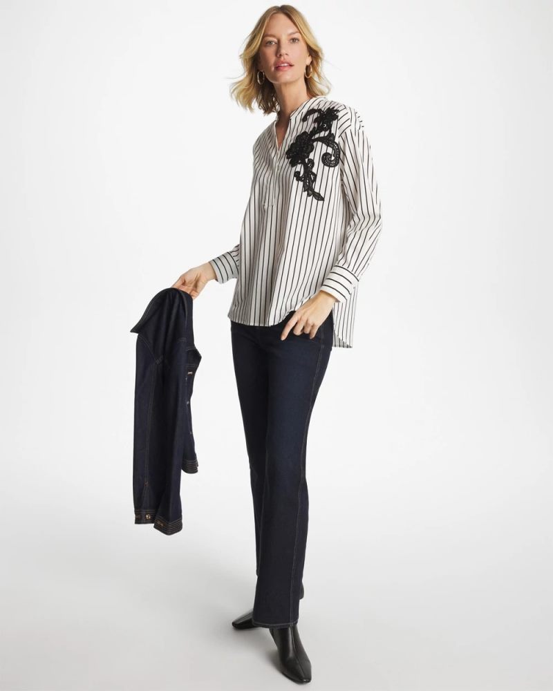 Chicos Striped Poplin Applique Tunic - BLACK