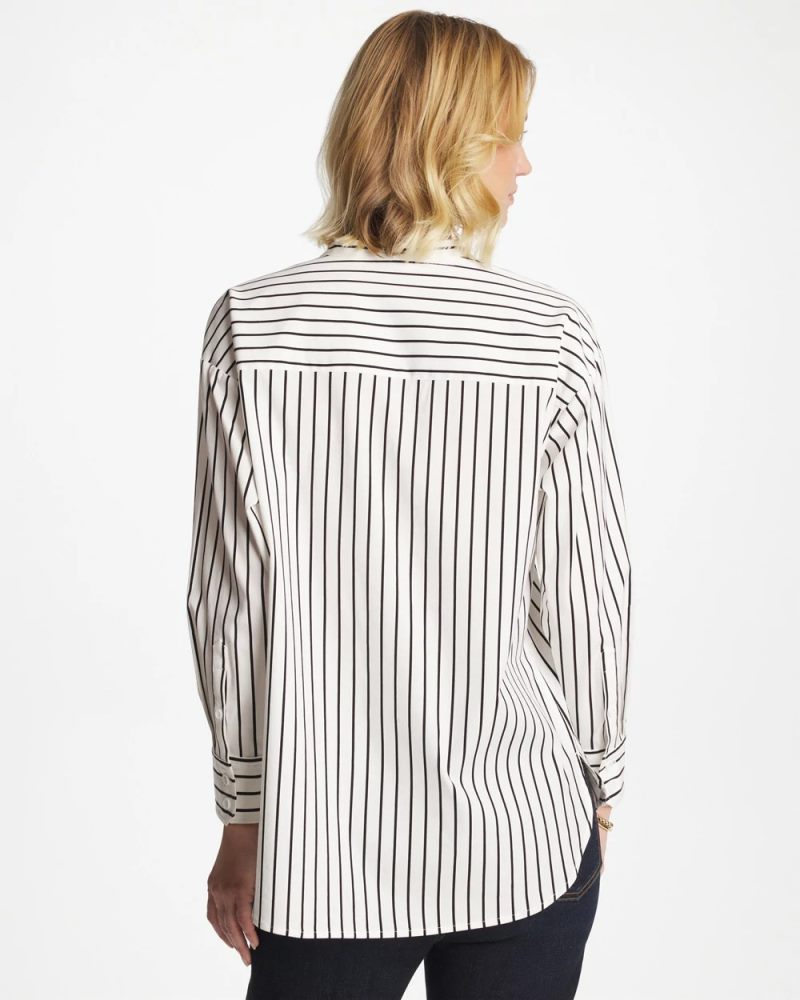 Chicos Striped Poplin Applique Tunic - BLACK