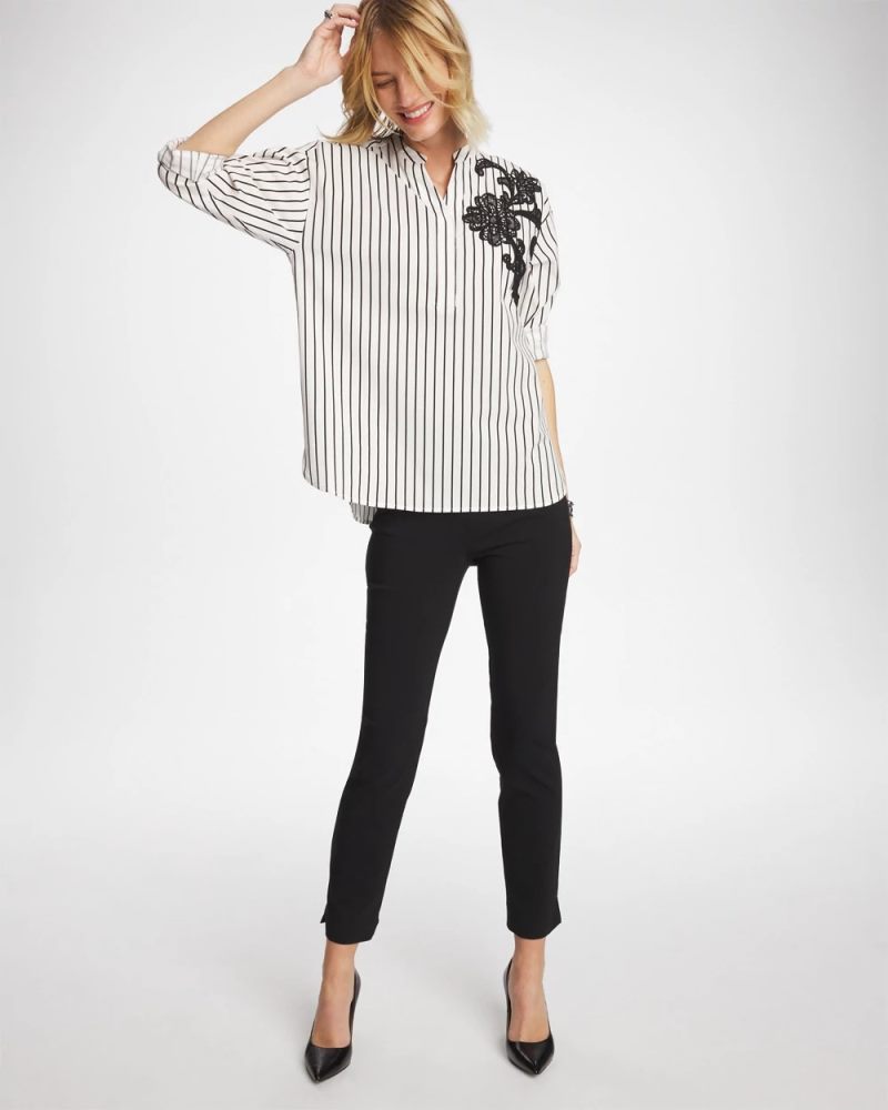 Chicos Striped Poplin Applique Tunic - BLACK