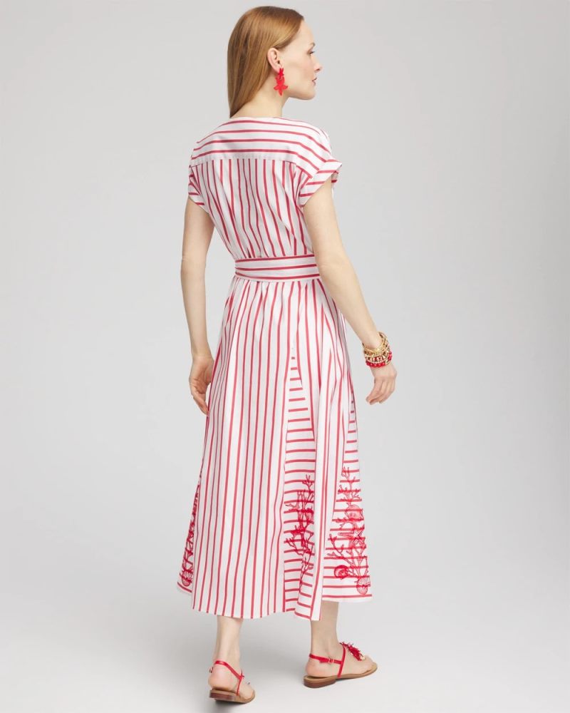 Chicos Embroidered Godet Striped Maxi Dress - ALABASTER