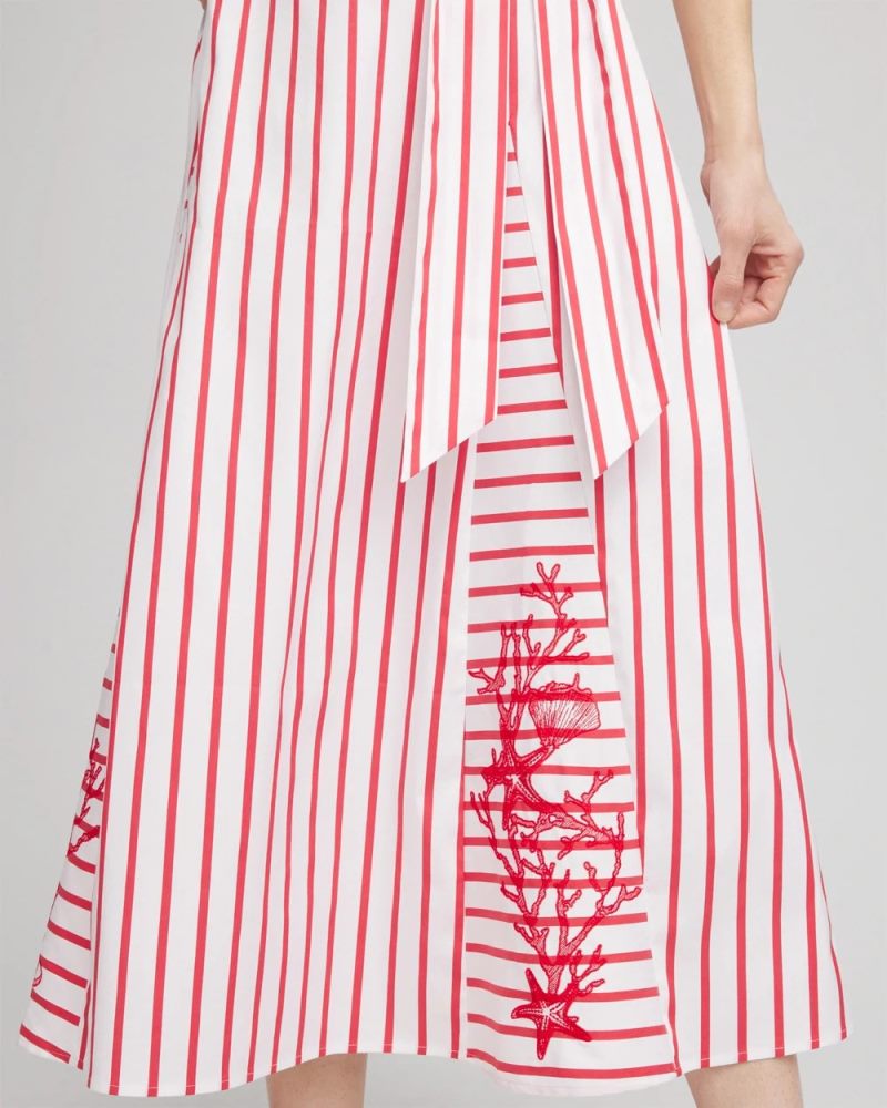 Chicos Embroidered Godet Striped Maxi Dress - ALABASTER