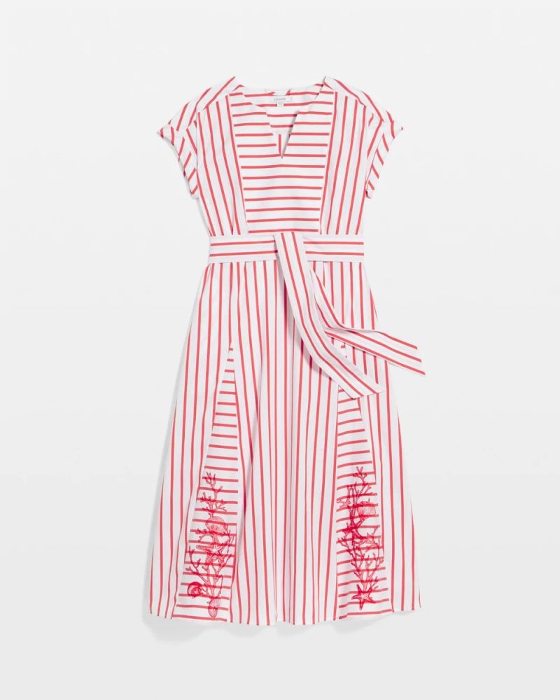 Chicos Embroidered Godet Striped Maxi Dress - ALABASTER
