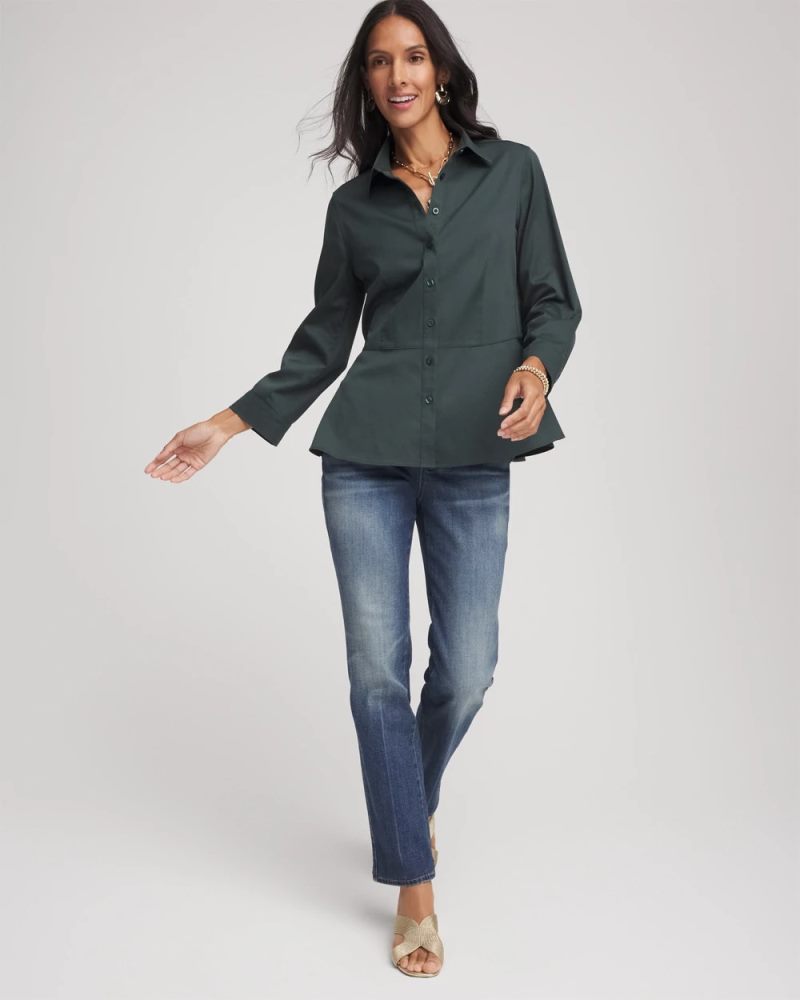 Chicos No Iron Peplum Stretch-Sateen Shirt - DARKEST SPRUCE