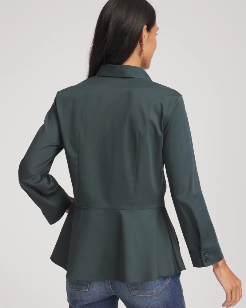 Chicos No Iron Peplum Stretch-Sateen Shirt - DARKEST SPRUCE