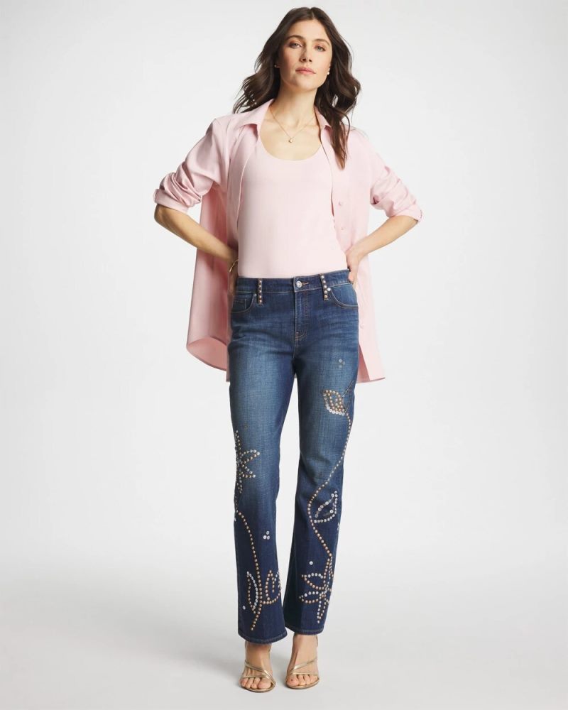 Chicos Petite Embellished Girlfriend Cropped Flared Jeans - SPELLBOUND INDIGO