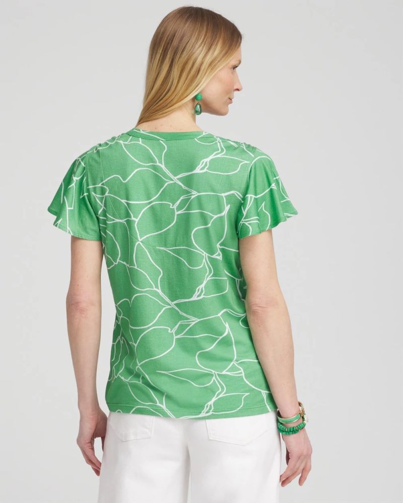 Chicos Green Lines Flutter Sleeve Tee - GRASSY GREEN
