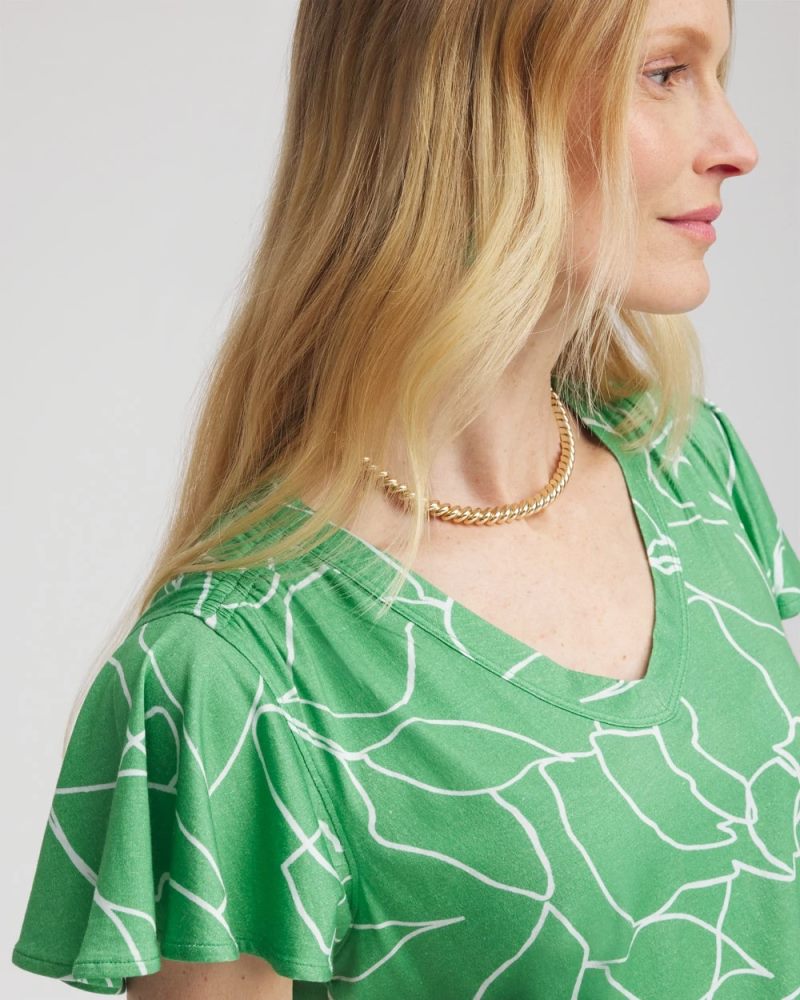 Chicos Green Lines Flutter Sleeve Tee - GRASSY GREEN