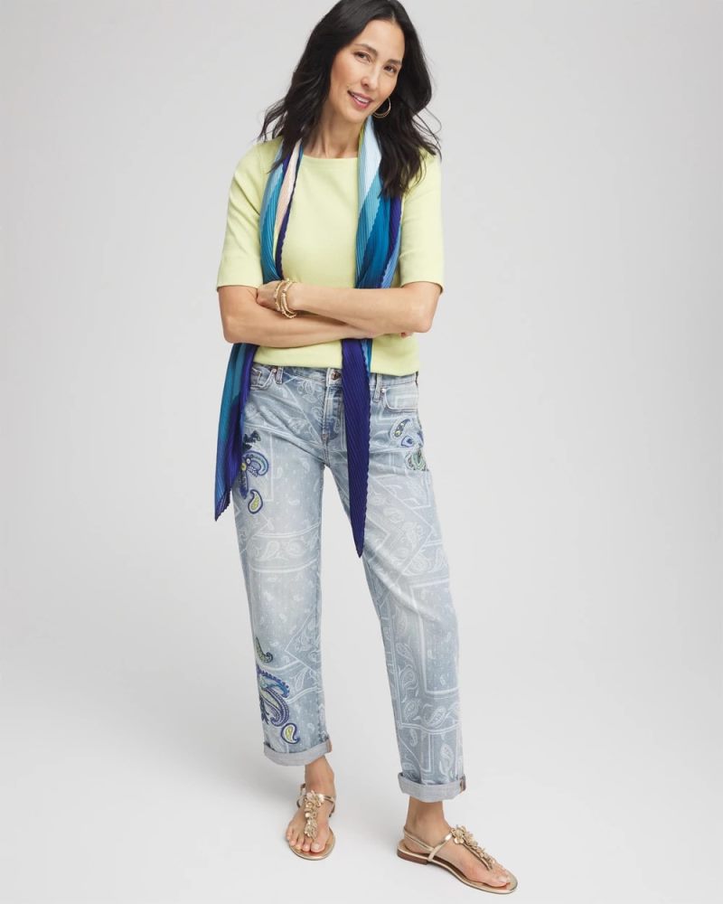 Chicos Paisley Applique Cropped Jeans - STARBOARD INDIGO