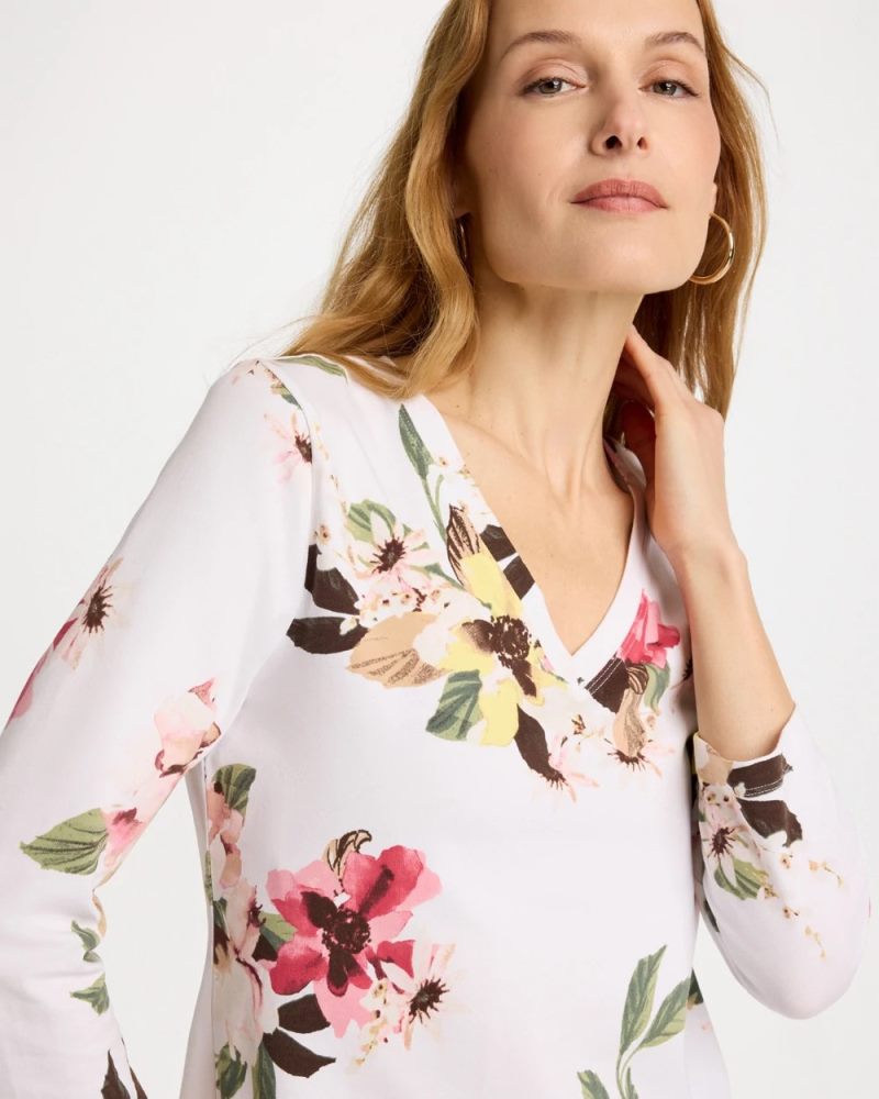 Chicos Printed Cotton Stretch 3/4 Sleeve Tee - HOT HONEYSUCKLE
