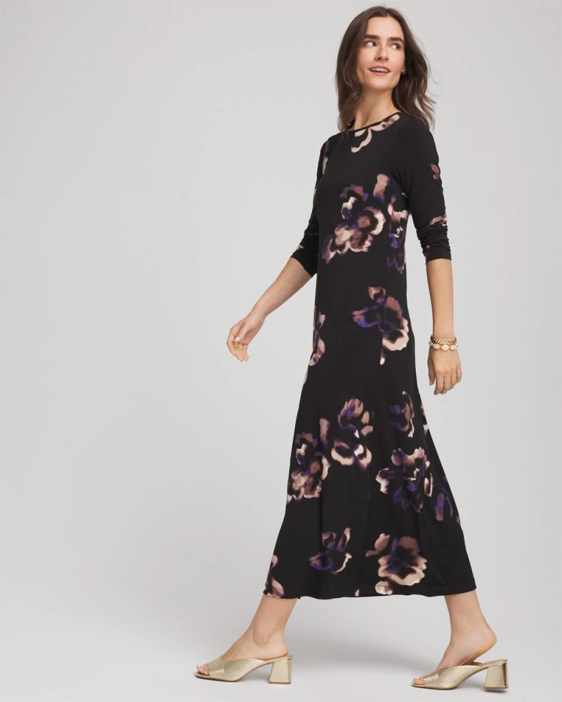 Chicos Floral Boatneck Column Maxi Dress - BLACK