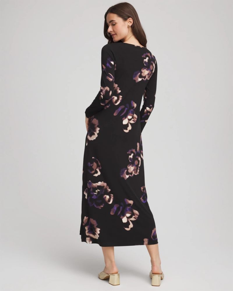 Chicos Floral Boatneck Column Maxi Dress - BLACK