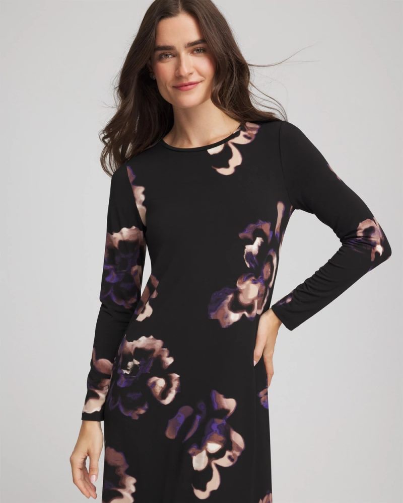 Chicos Floral Boatneck Column Maxi Dress - BLACK