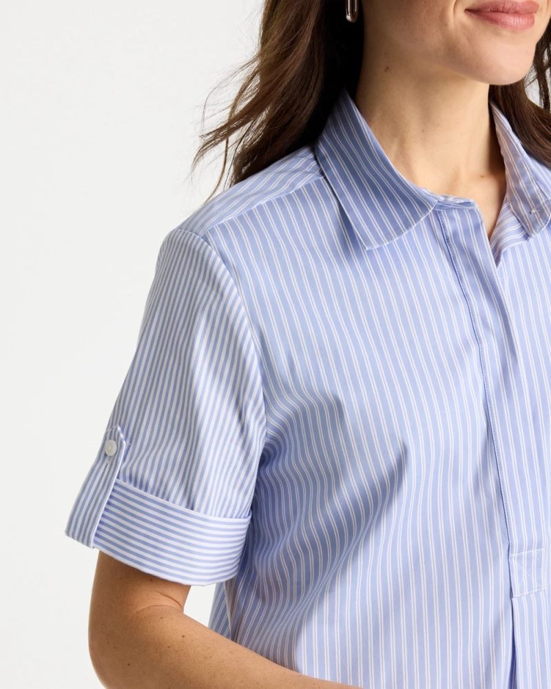 Chicos Popover Striped Tiered Poplin Dress - BLUE ORCHID