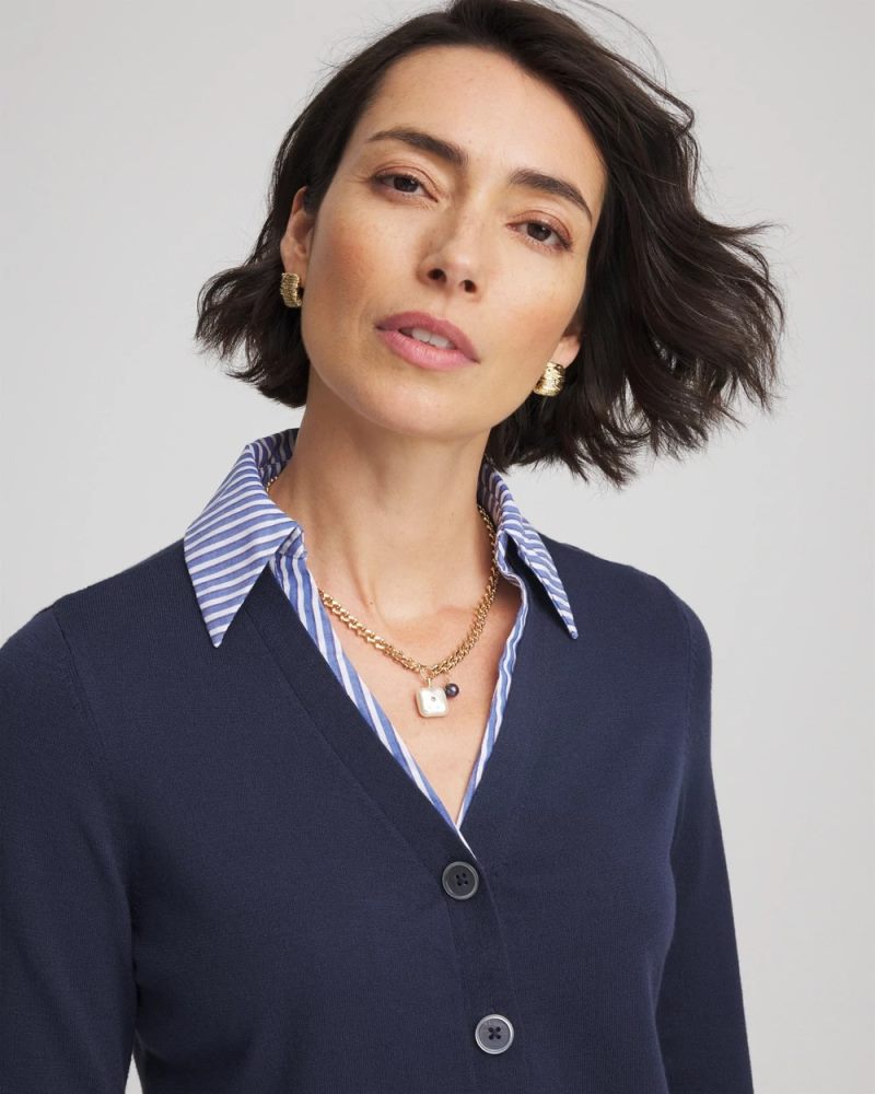 Chicos Striped Collared Cardigan Sweater - PASSPORT BLUE