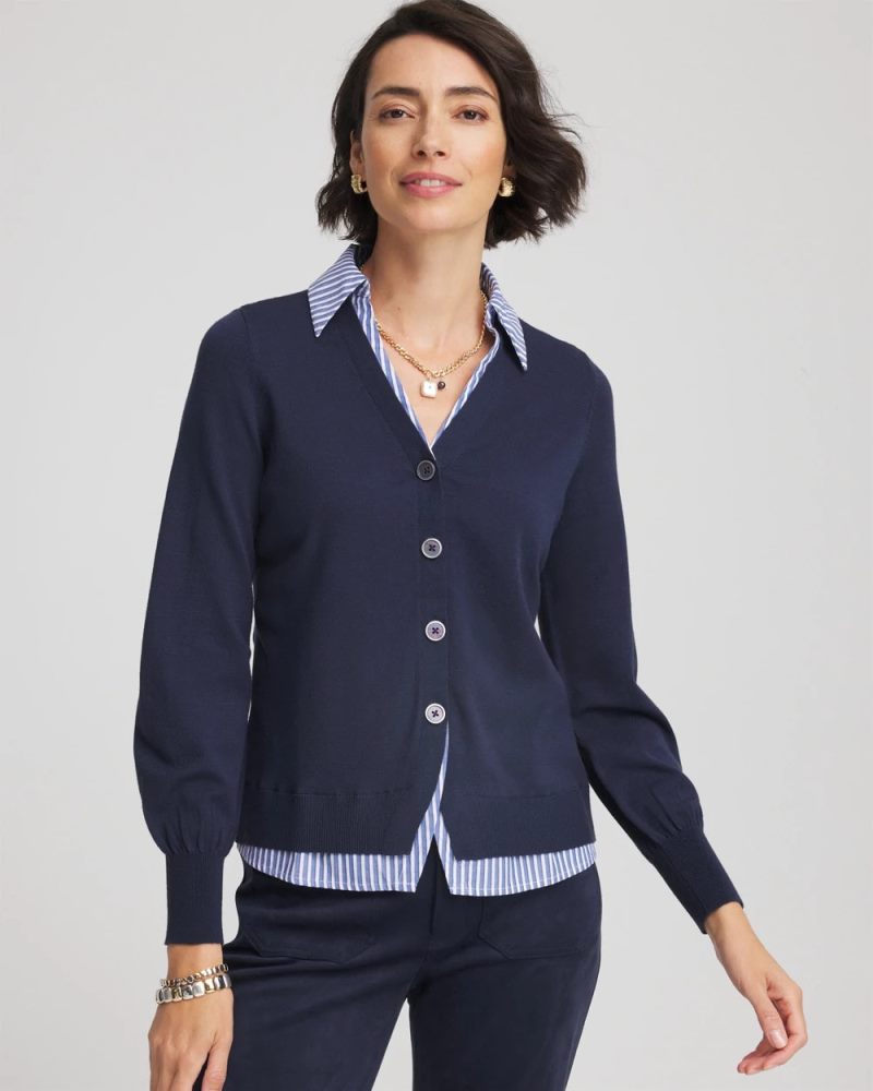 Chicos Striped Collared Cardigan Sweater - PASSPORT BLUE