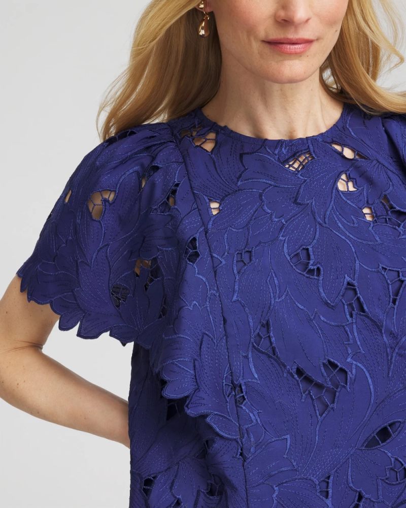 Chicos Lace Detail Flutter Sleeve Top - BLUE CASA
