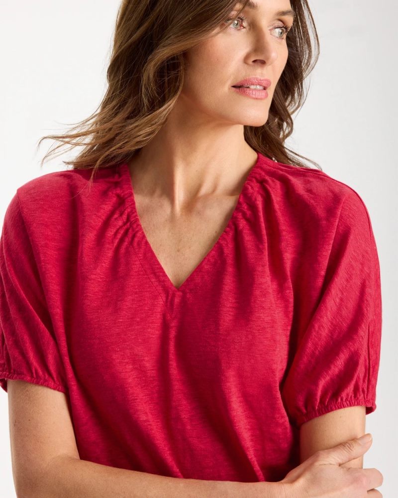 Chicos Linen Ruched V-Neck Tee - CHERRY LUSH