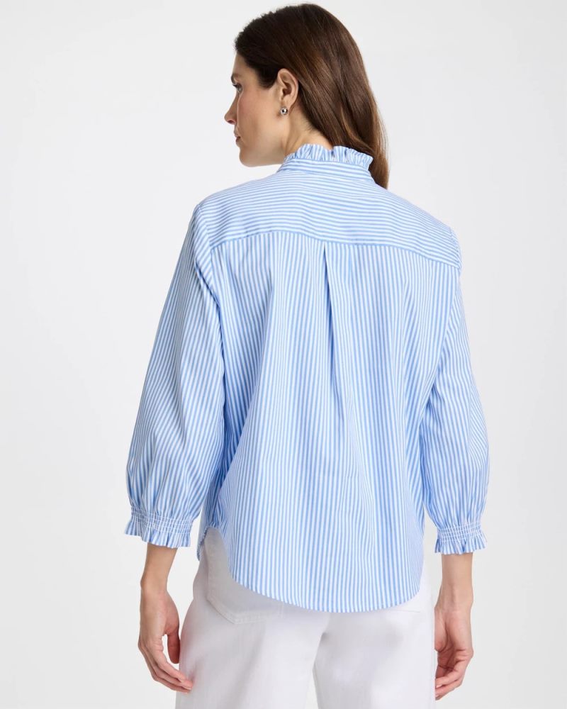 Chicos Striped Poplin Ruffle Neck Shirt - TIDAL BLUE