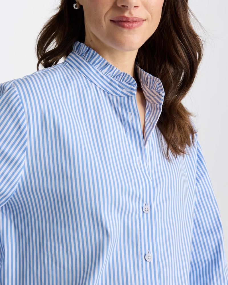 Chicos Striped Poplin Ruffle Neck Shirt - TIDAL BLUE