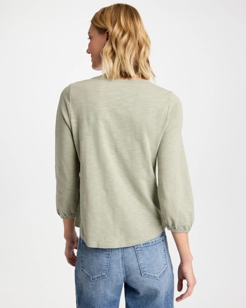 Chicos Puff Sleeve Cotton Slub Henley Tee - SEAGRASS GREEN