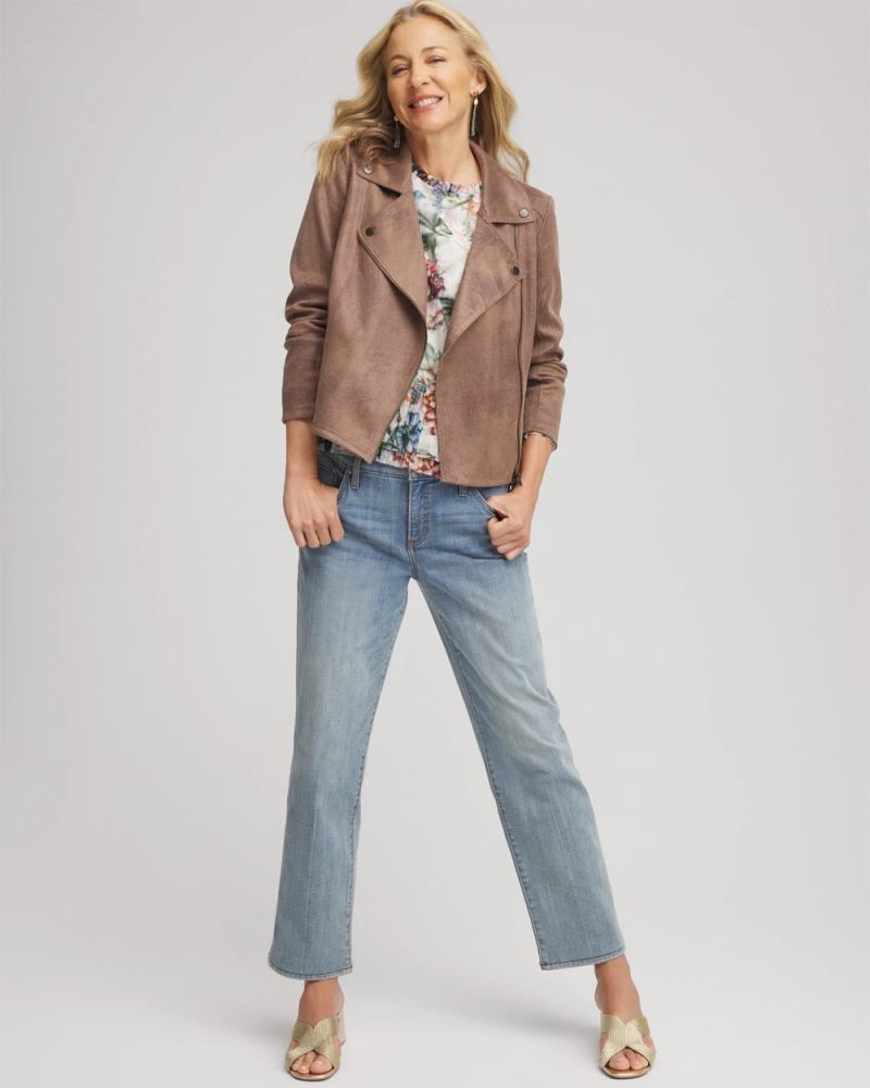 Chicos Suede Moto Jacket - DRIED MUSHROOM