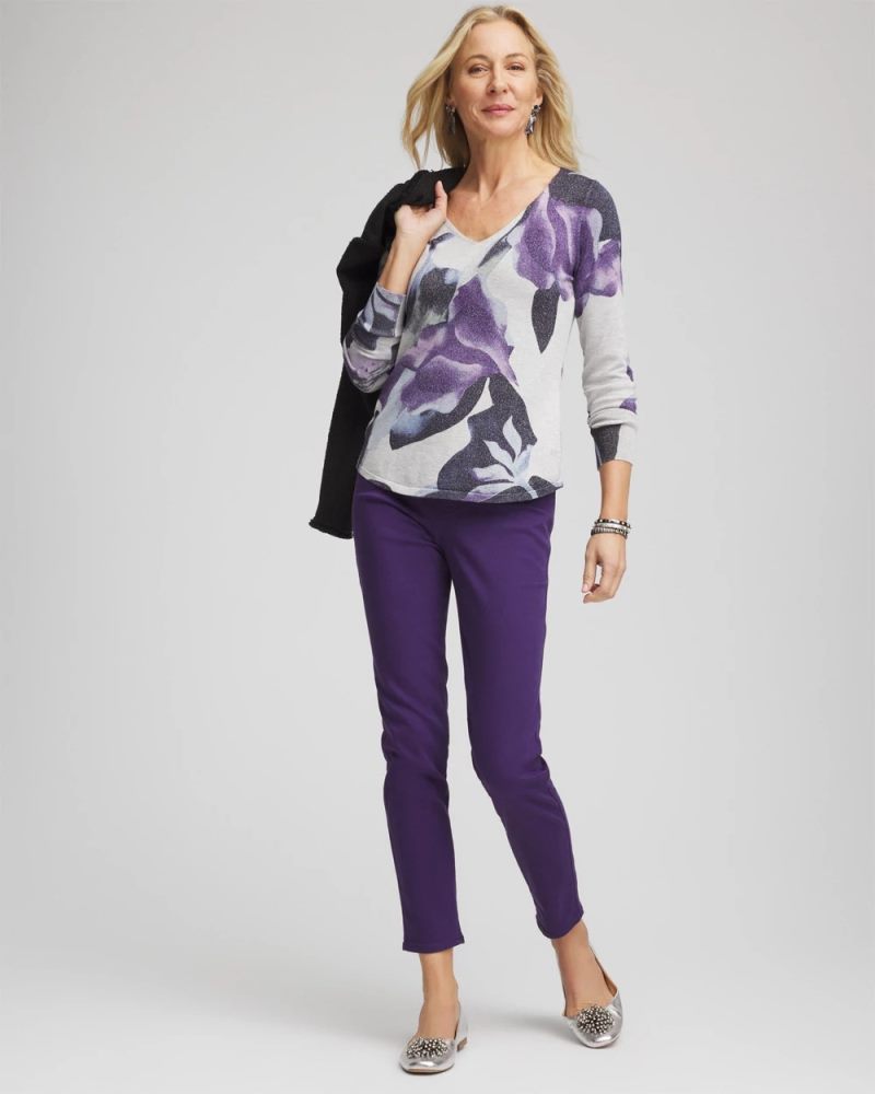 Chicos Ella V-Neck Pullover Sweater - PURPLE ELIXIR