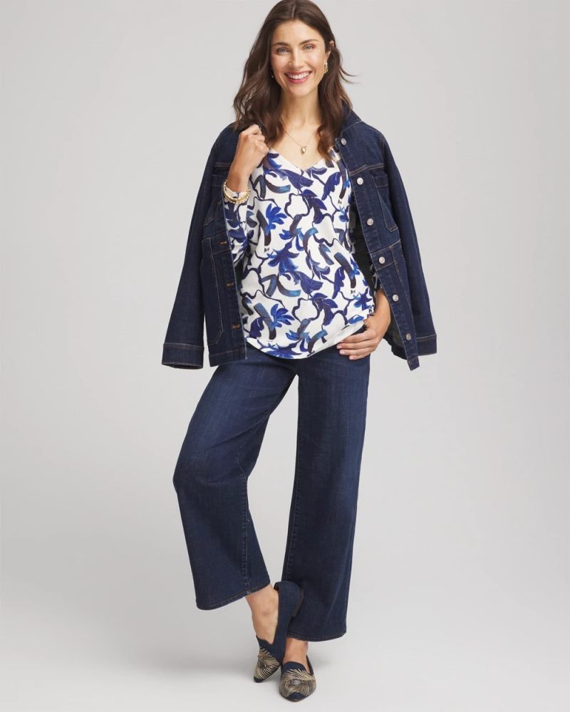 Chicos Ella V-Neck Blue-Petals Pullover Sweater - ECRU