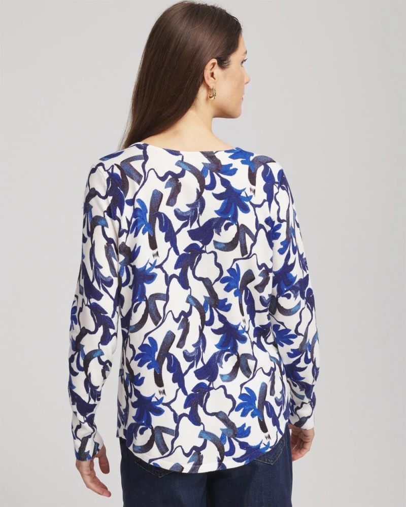Chicos Ella V-Neck Blue-Petals Pullover Sweater - ECRU