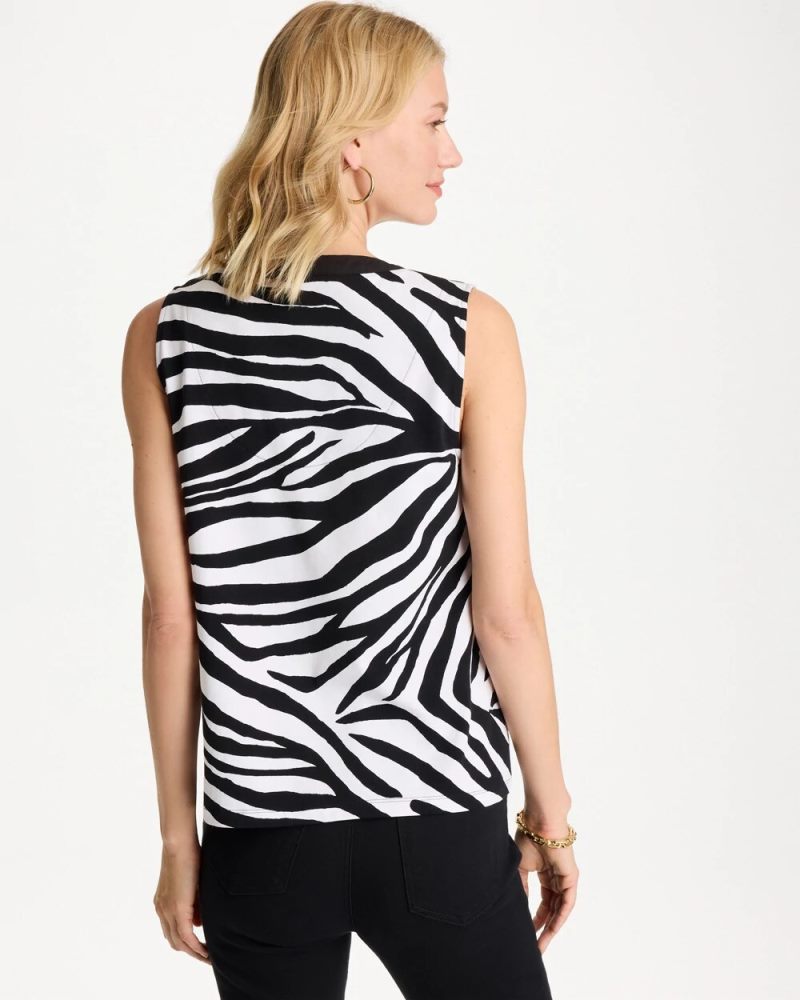 Chicos Zebra Cotton-Stretch Notch Neck Tank - BLACK