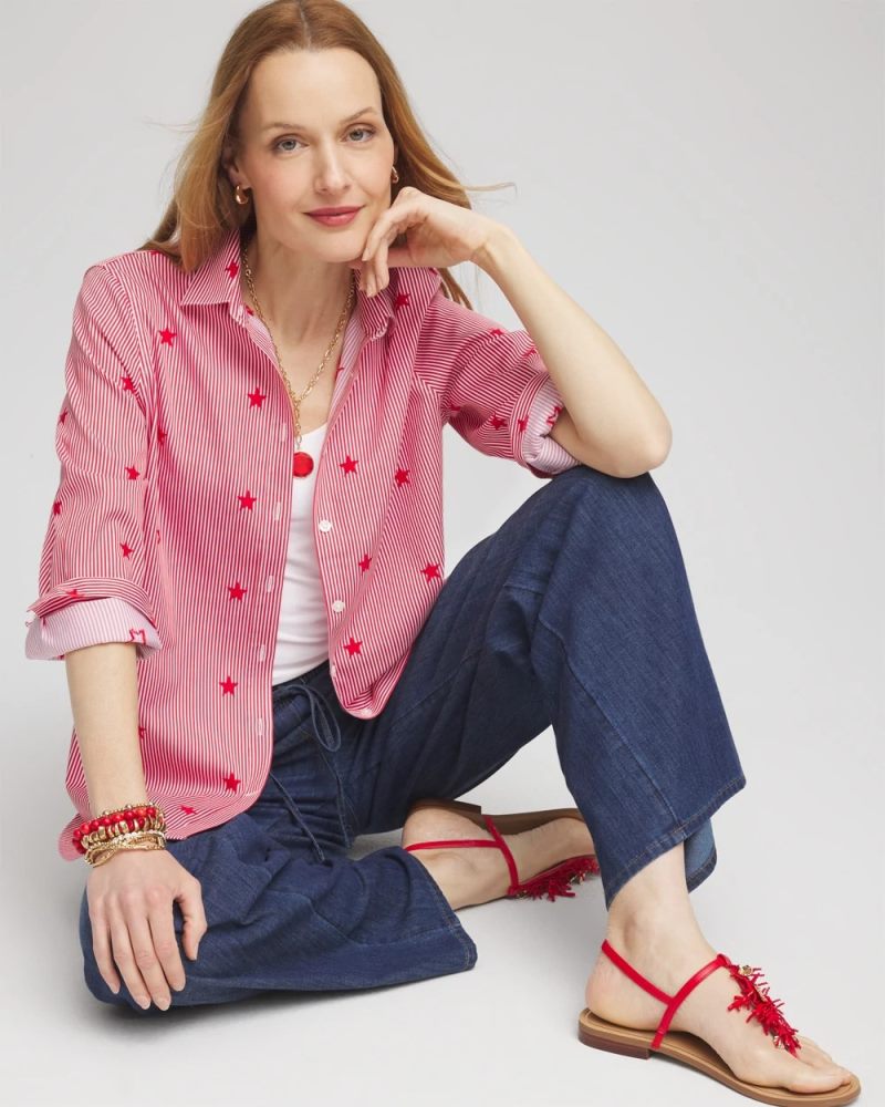 Chicos No Iron Stars & StripesSateen Shirt - RED GLOW