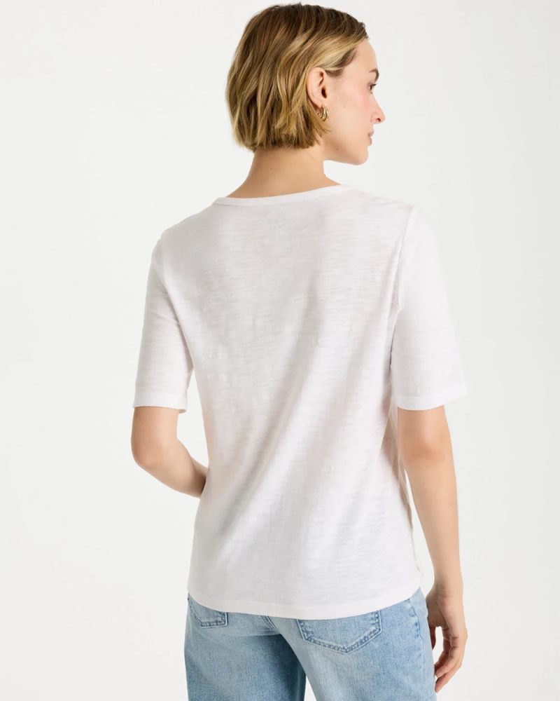 Chicos Slub Crewneck Button Tee - ALABASTER