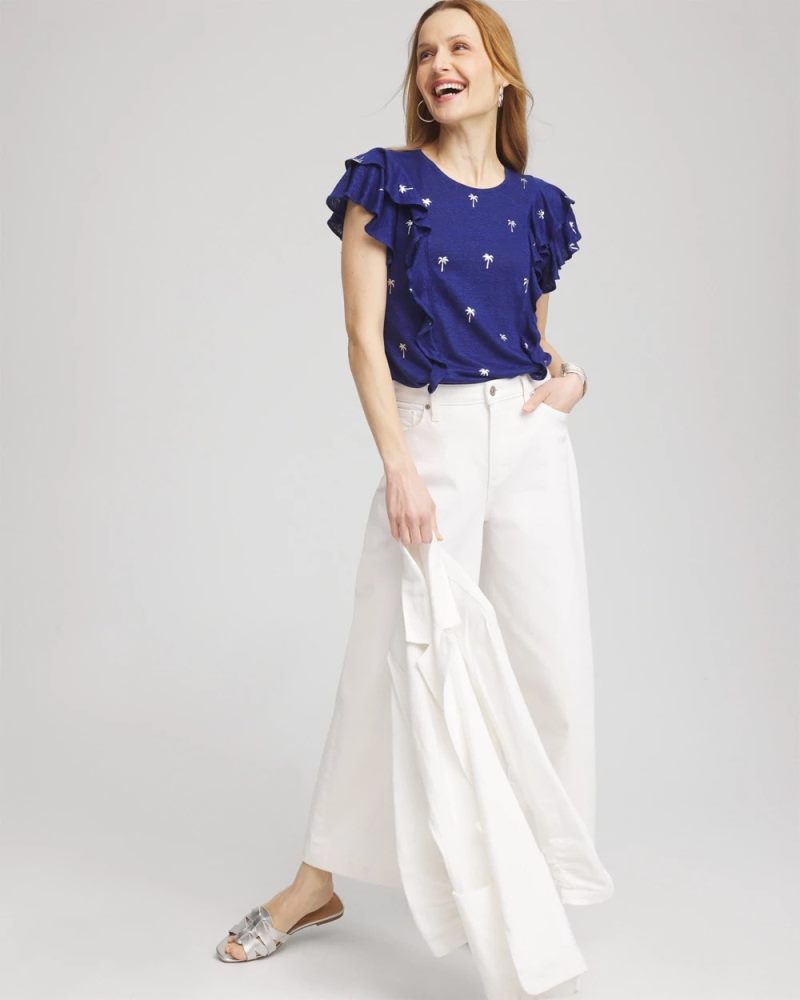 Chicos Foiled Flutter-Sleeve Linen Tee - BLUE CASA